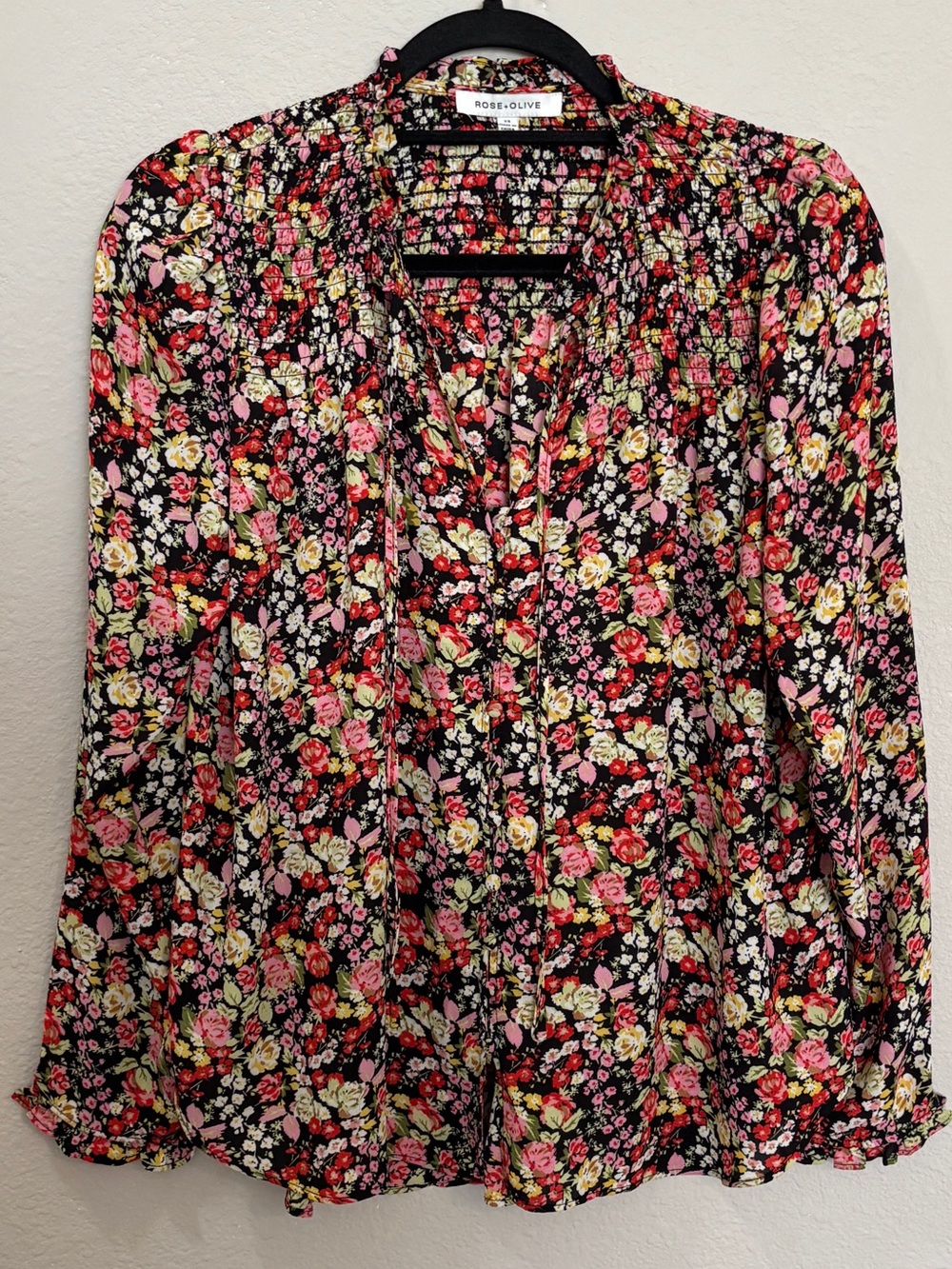 Rose + Olive Black Ditsy Floral Print Smocked Flowy Long Sleeve Blouse Size XS